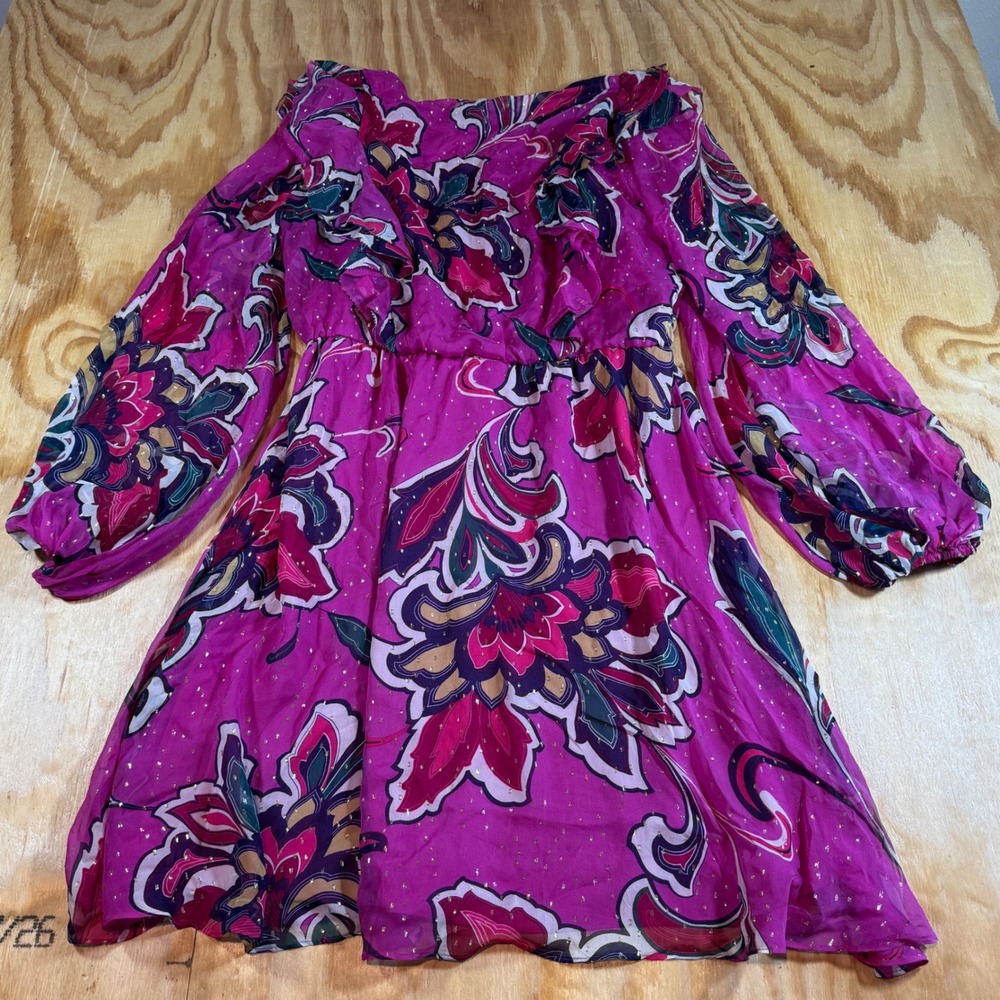 Trina Turk Pink Floral Silk Saka Dress Metallic Ruffle Mini Long Sleeve Size L - Picture 7 of 7